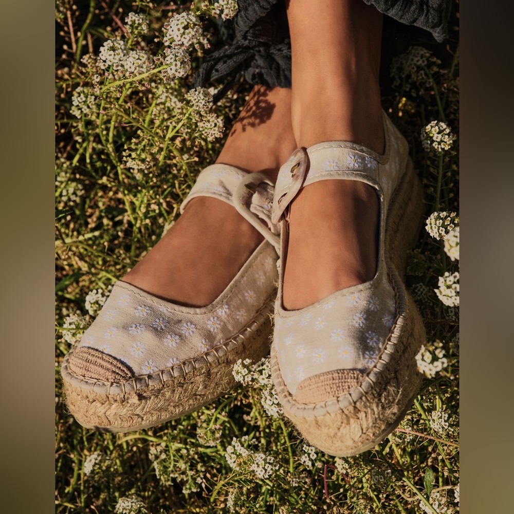 Free People Cream Espadrille Mary Janes with White Floral Embroidery
